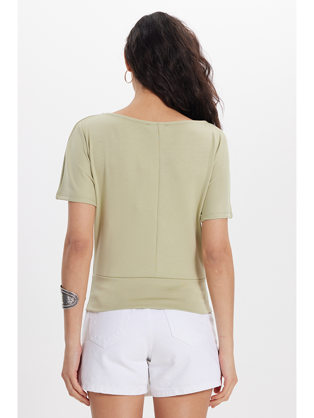 Kadın Slim Fit Dar Kesim Kısa Kollu Kayık Yaka Yeşil Tişört-5