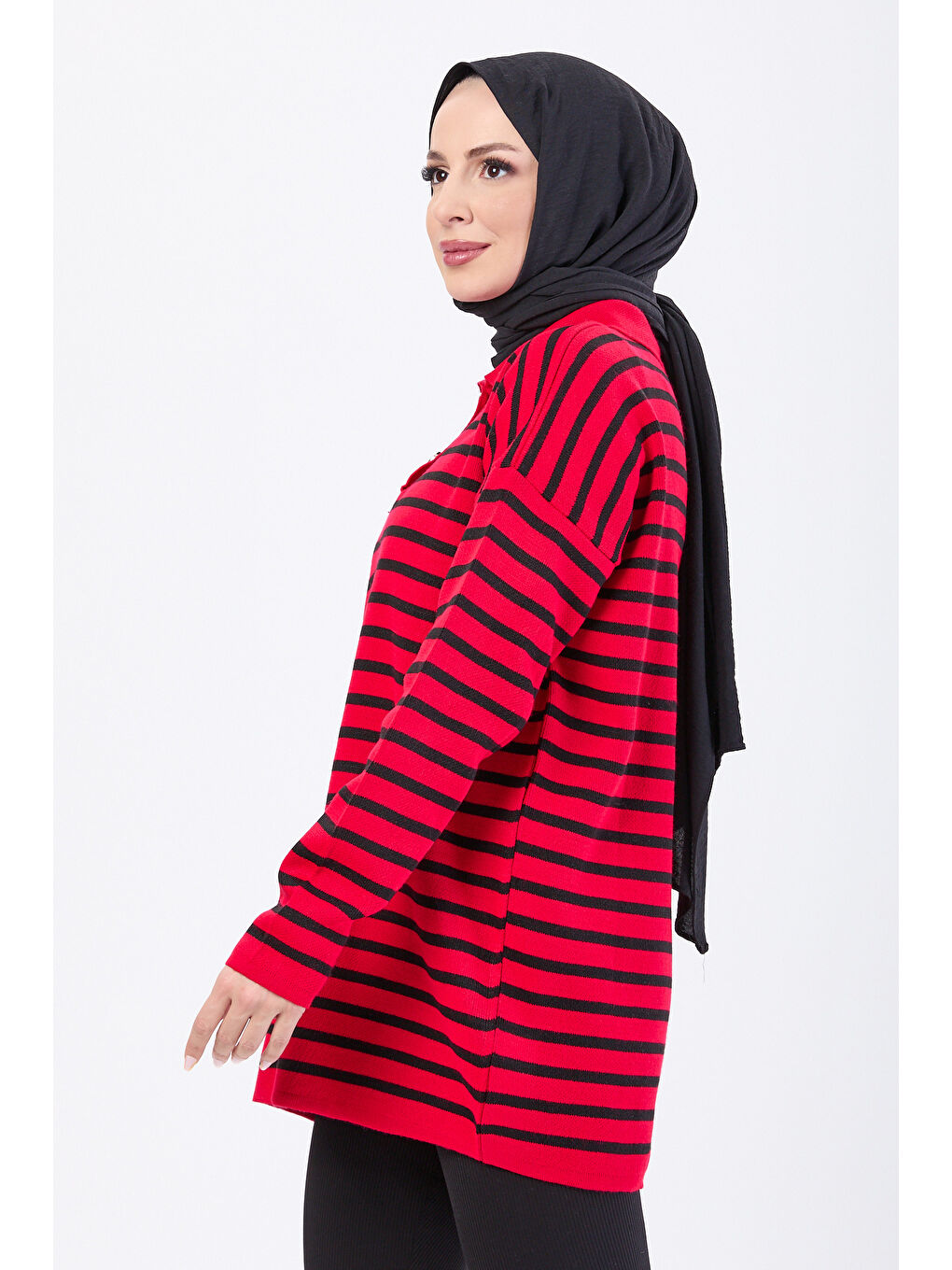 Kırmızı Çift Düğmeli Çizgili Triko Kazak Kirmizi - 27628-2