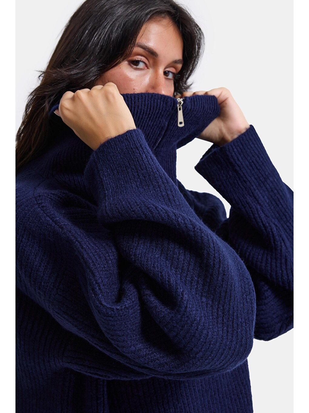 Kadın Lacivert W6-56 Oversize Fermuarlı Triko Kazak-4