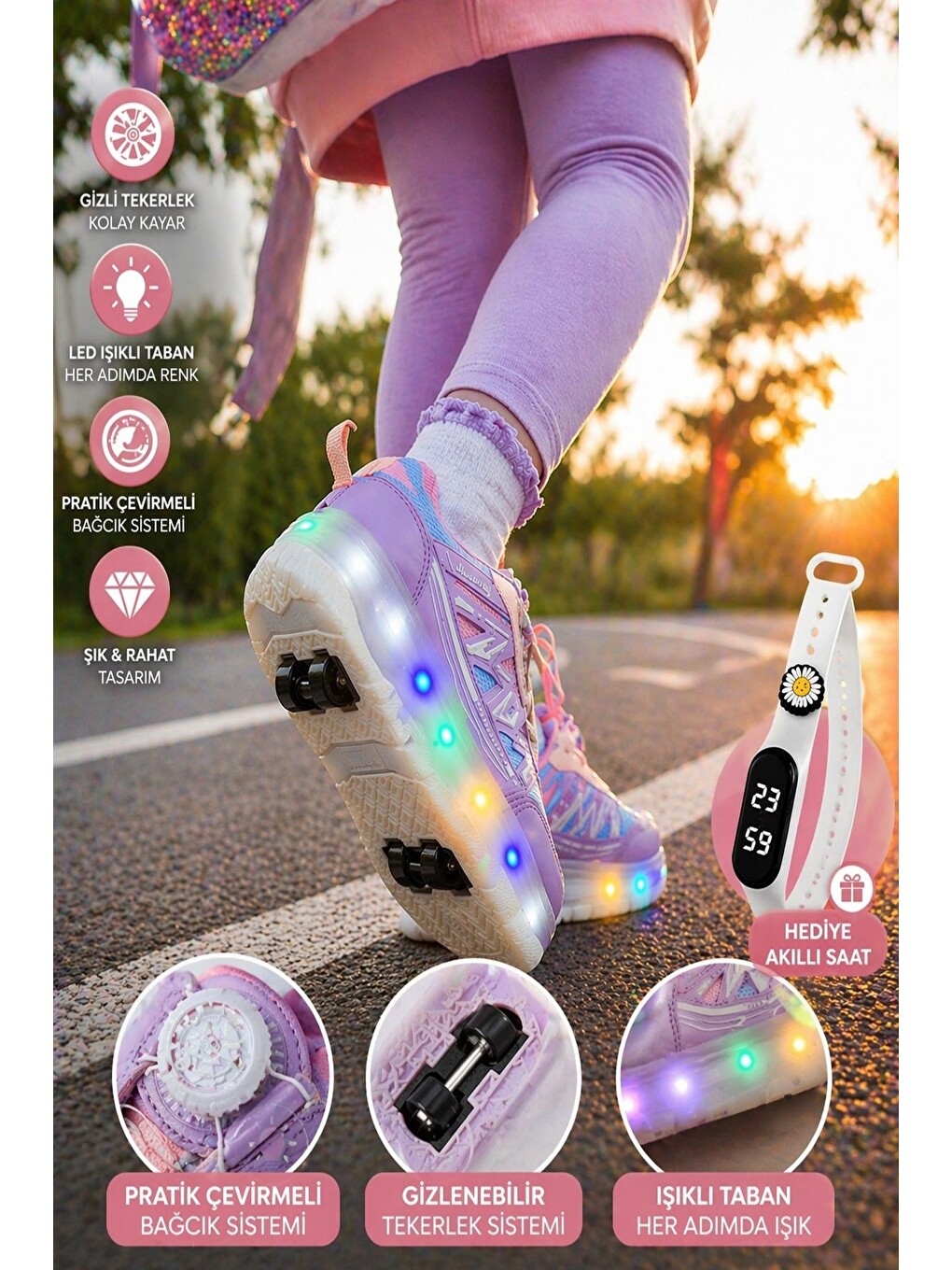 Lila SKATE Çocuk Işıklı Patenli Tekerlekli Sneaker Spor Ayakkabı-3
