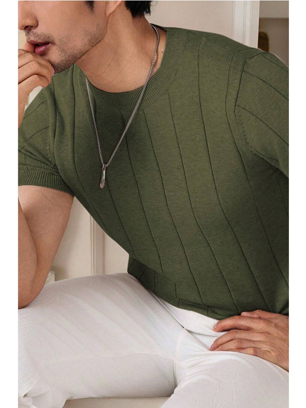 Haki Erkek Fit Dokulu Kısa Kollu Bisiklet Yaka Triko Tişört-4