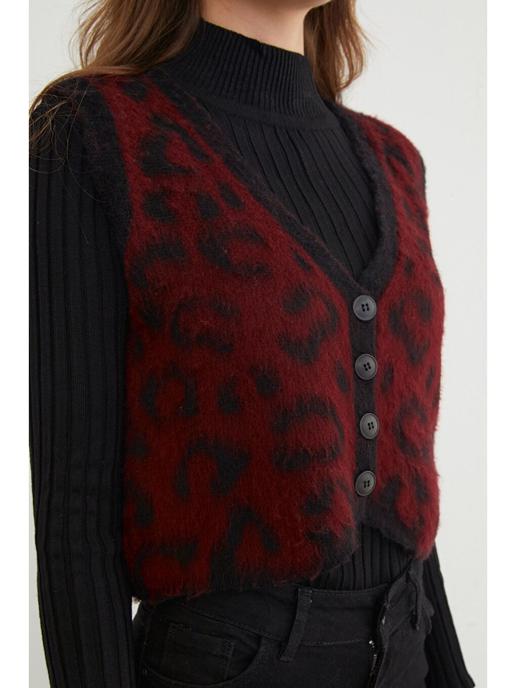 Bordo Leopar Desenli Düğmeli Triko Yelek-4