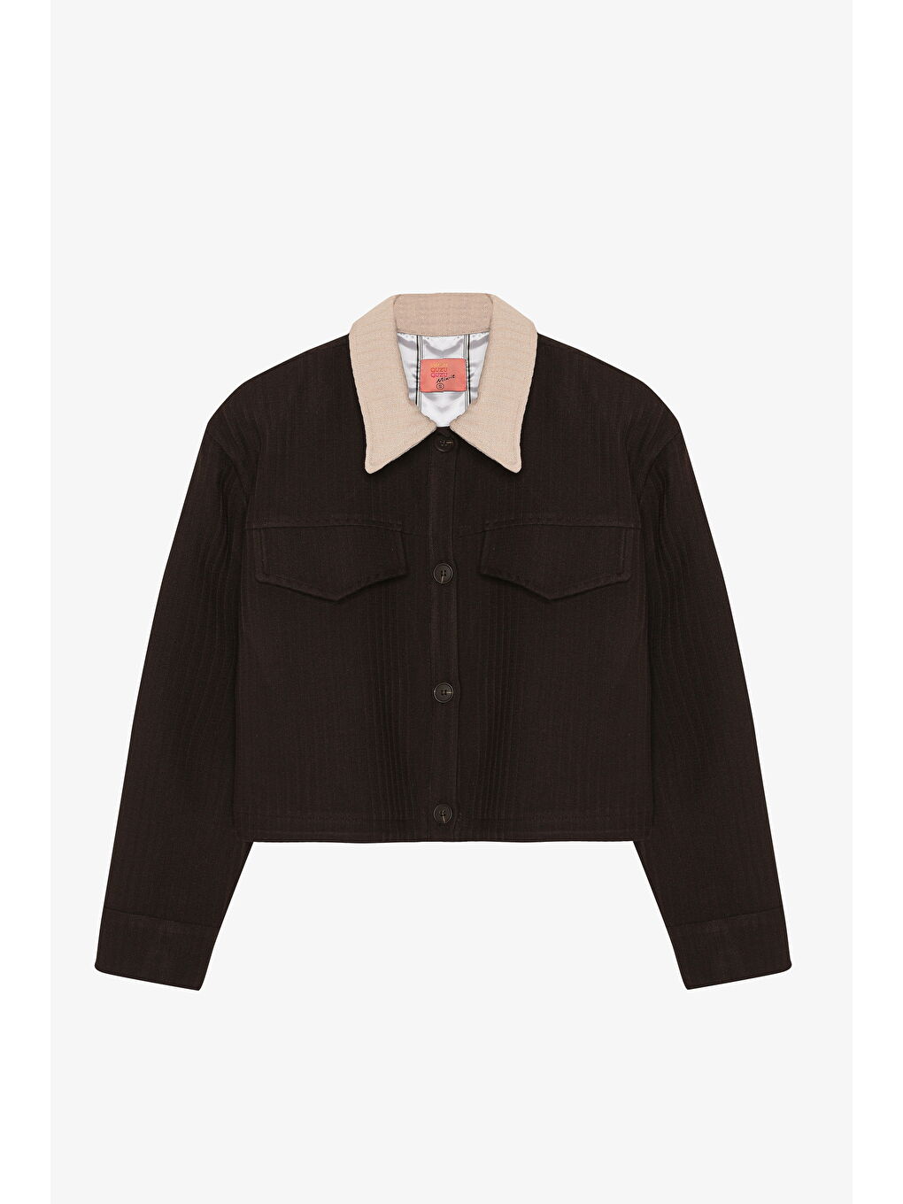 Düğmeli Kontrast Yaka Kısa Ceket Kahverengi