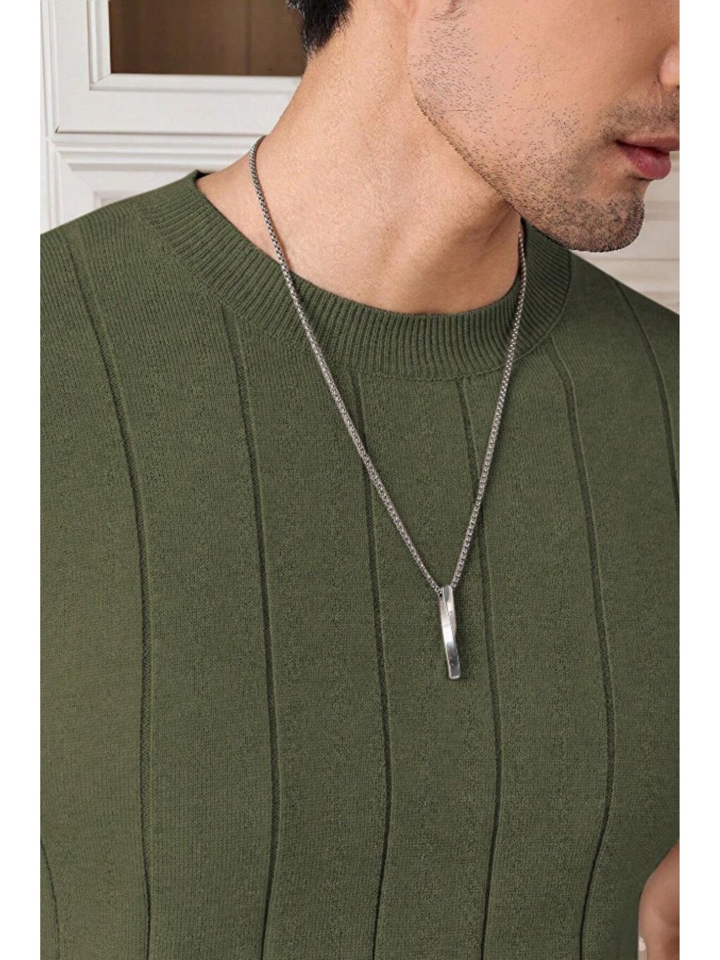 Haki Erkek Fit Dokulu Kısa Kollu Bisiklet Yaka Triko Tişört-5