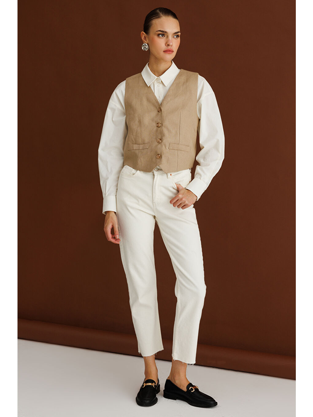 Bej Rengi Saf Keten Yelek-2