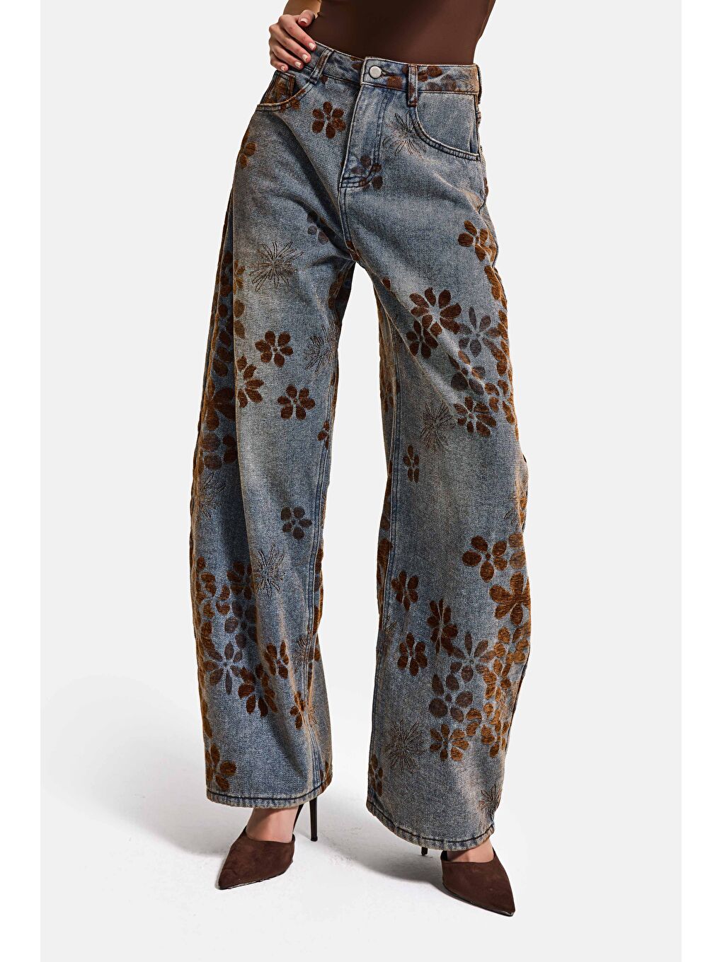 Mavi Kadın T.Kot Rengi s5-8 Özel Flok Desenli Skater Fit Tasarım Denim Jean