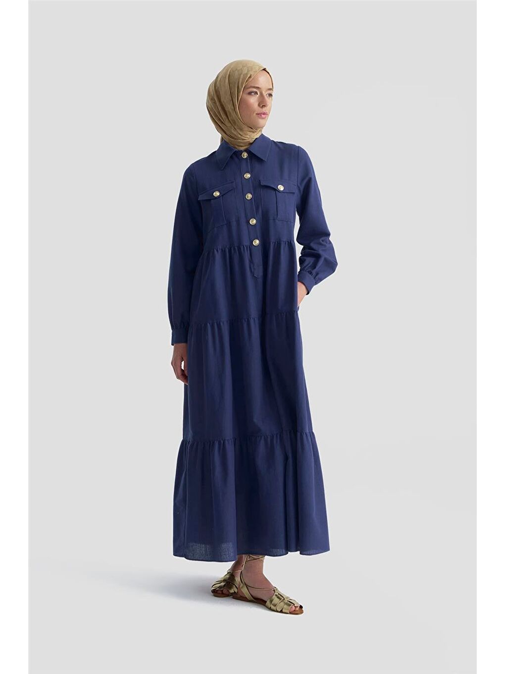 Mavi Katlı Keten Elbise 25Y9012 Lacivert-1