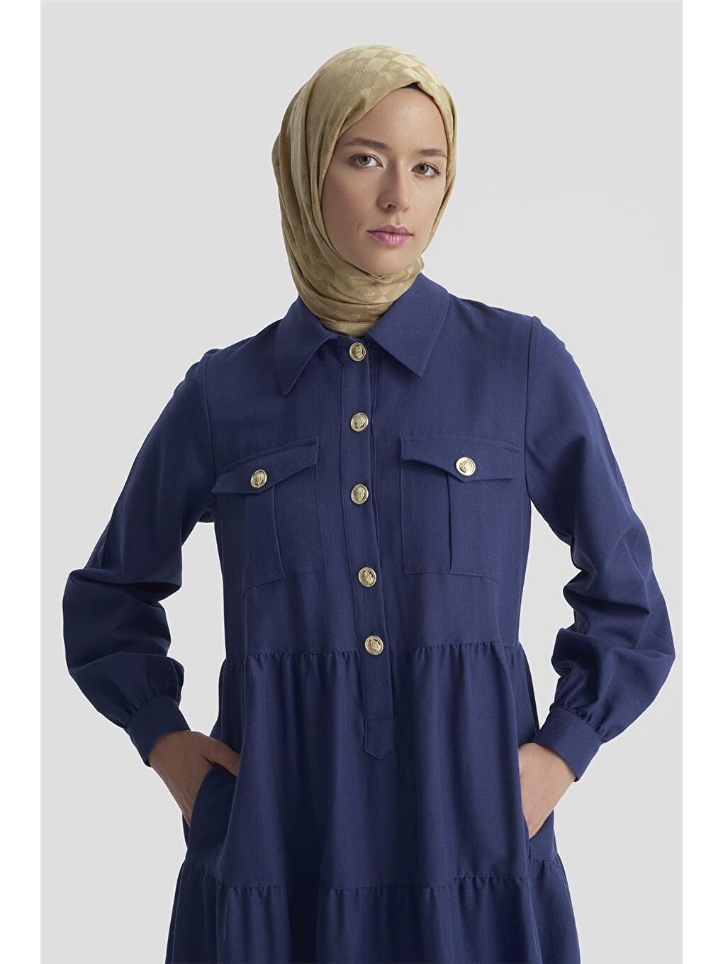 Mavi Katlı Keten Elbise 25Y9012 Lacivert-2
