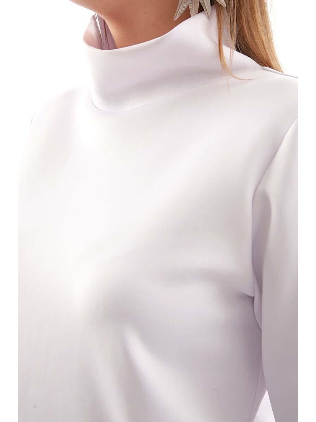 Beyaz-Dik Yaka Kolu Yırtmaçlı Scuba Bluz-6