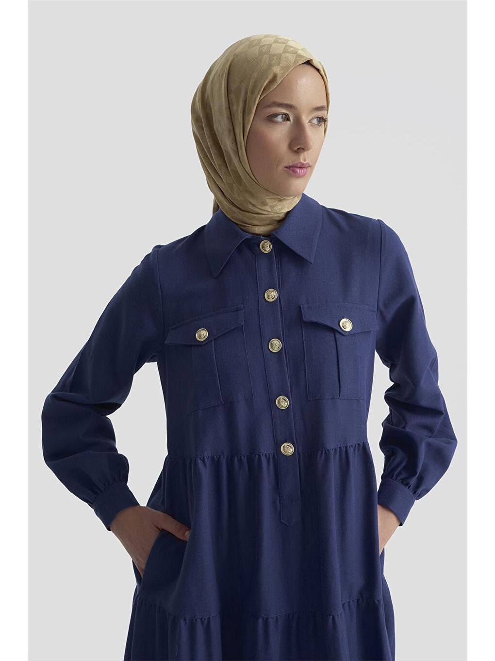 Mavi Katlı Keten Elbise 25Y9012 Lacivert-3