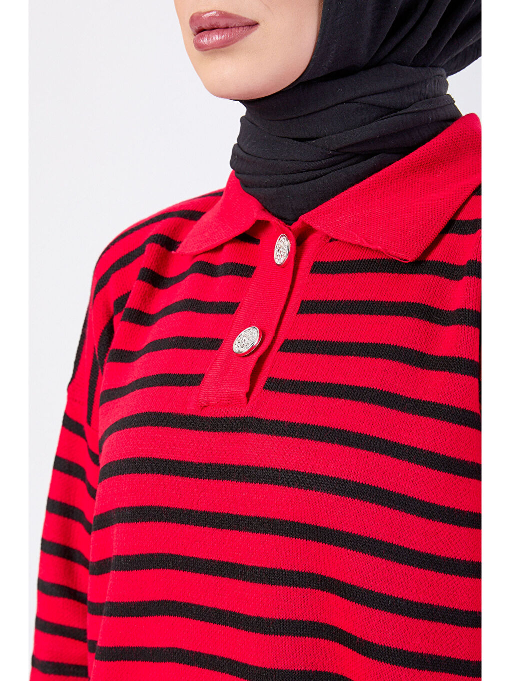 Kırmızı Çift Düğmeli Çizgili Triko Kazak Kirmizi - 27628-3