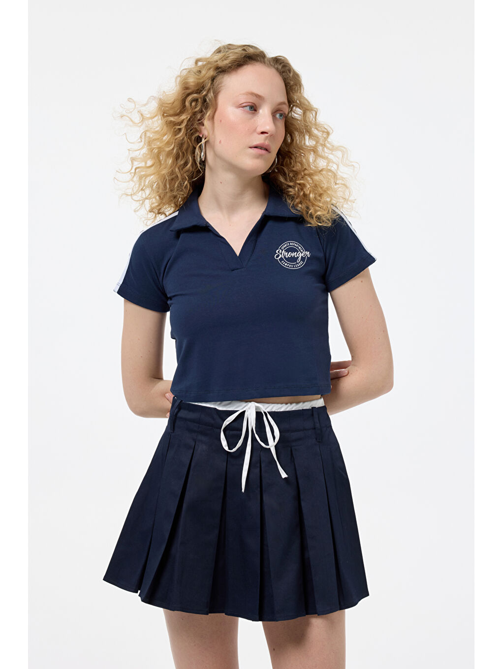 QUZU Polo Yaka Baskılı Crop Tişört Lacivert