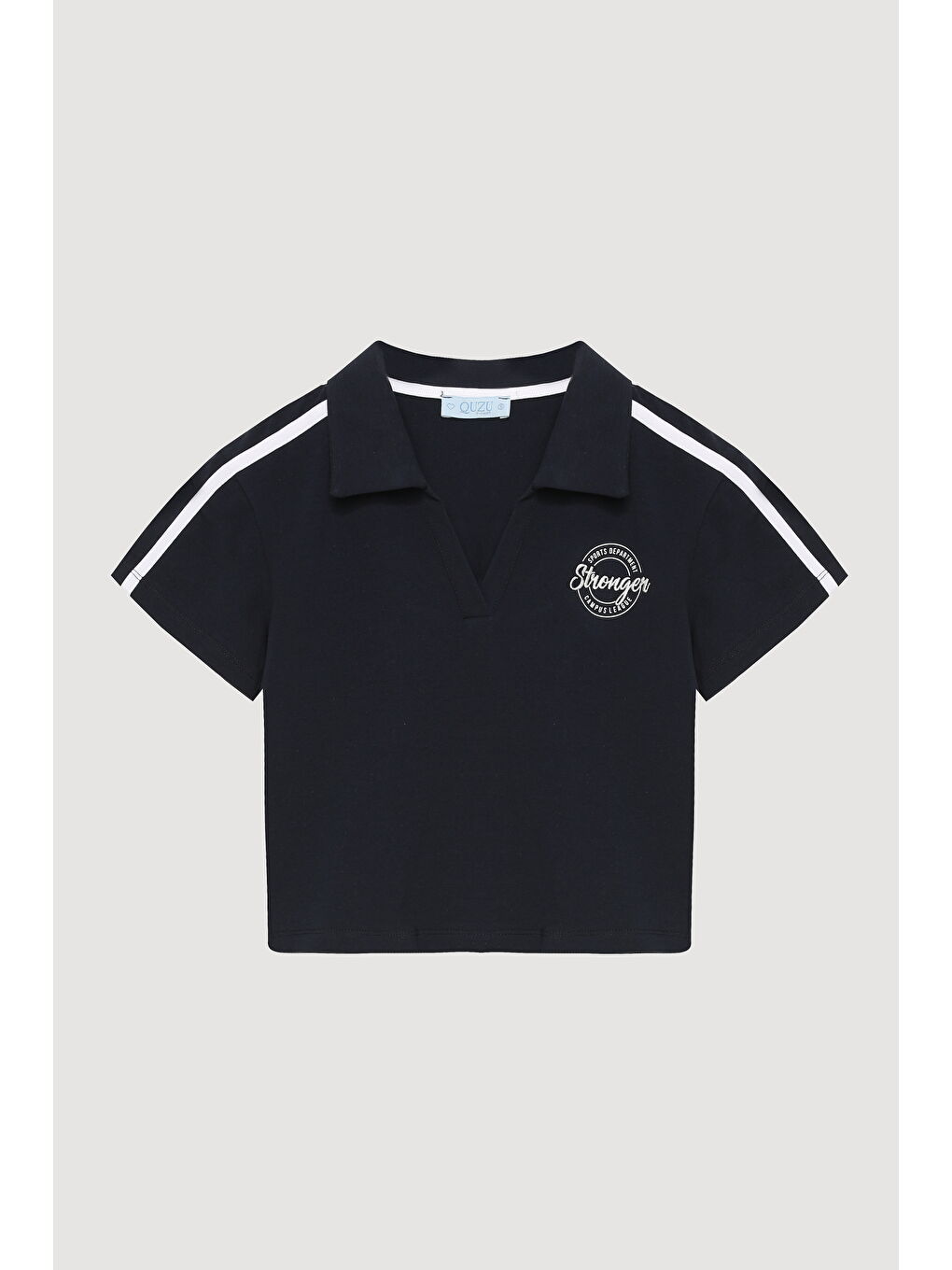 QUZU Polo Yaka Baskılı Crop Tişört Lacivert - 1