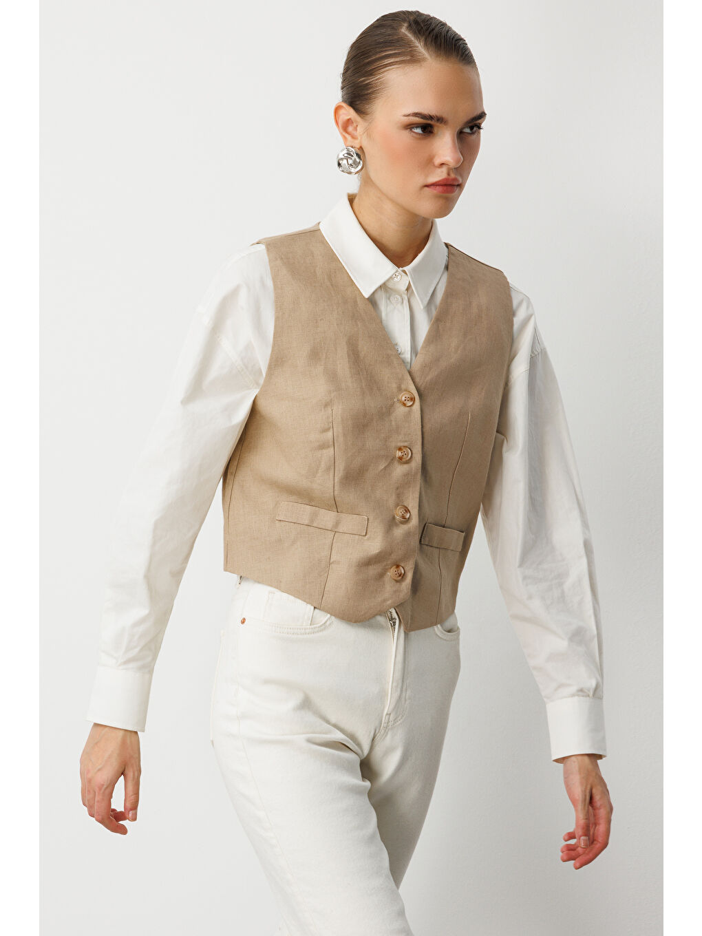 Bej Rengi Saf Keten Yelek-3