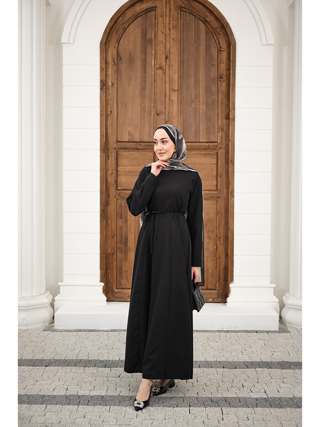 Kadın Parçalı Bel Bağlamalı Elbise Siyah-1