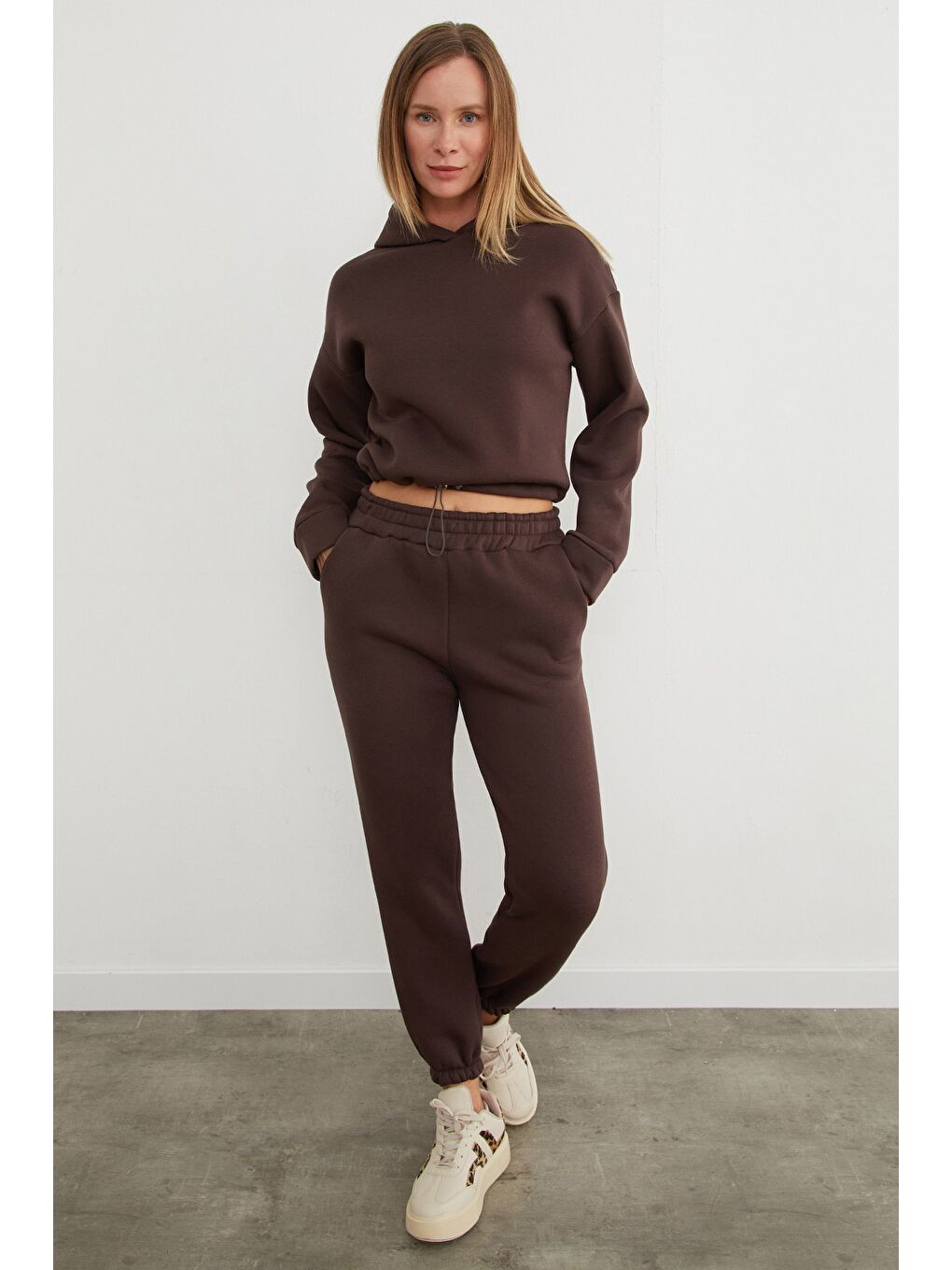 Kahverengi 3 İplik Basic Beli Stoperli Kapüşonlu Jogger Takım