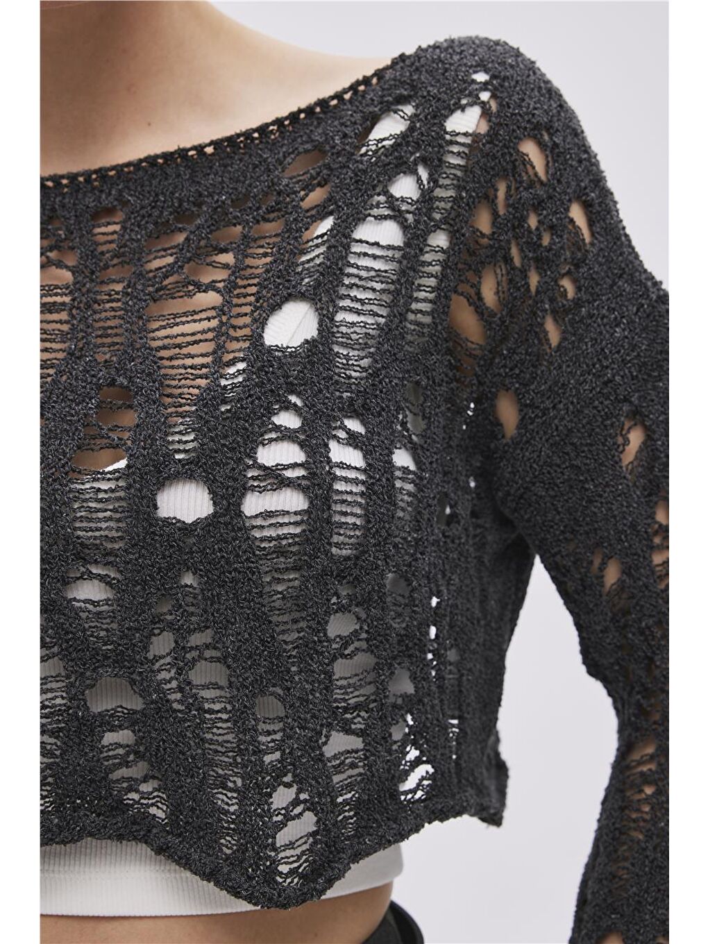 Antrasit Sökük Detaylı Triko Crop-3