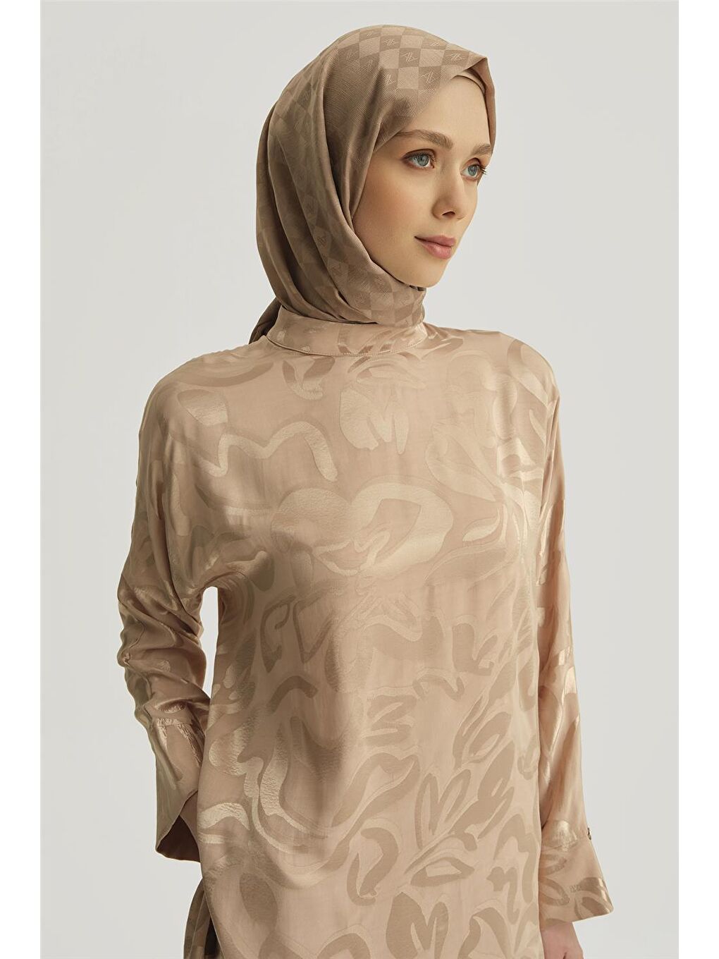 Bej Saten Desenli Takım 25Yt627 Vizon-2