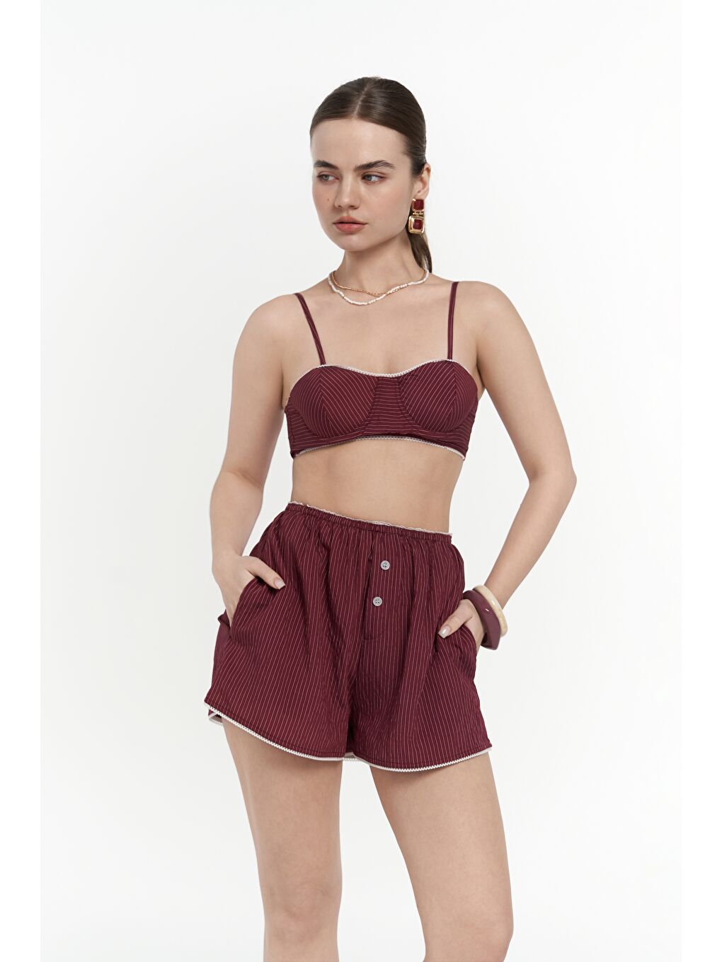 Leda Dantel Detay Şortlu Bordo Üçlü Takım-1