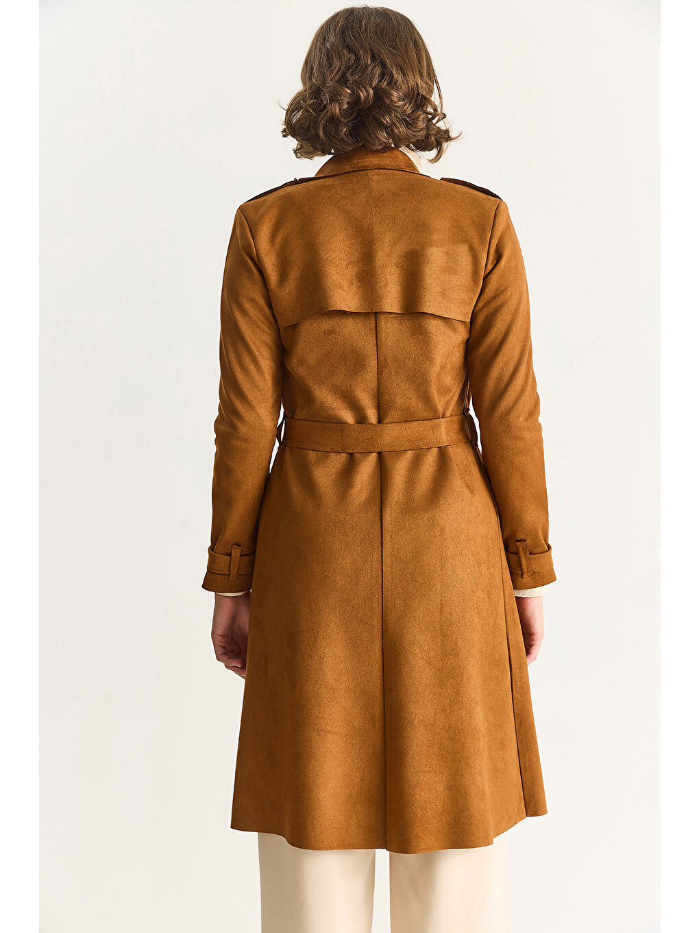 Kahverengi Kadın Kruvaze Yaka Dökümlü Kuşaklı Süet Trençkot --7