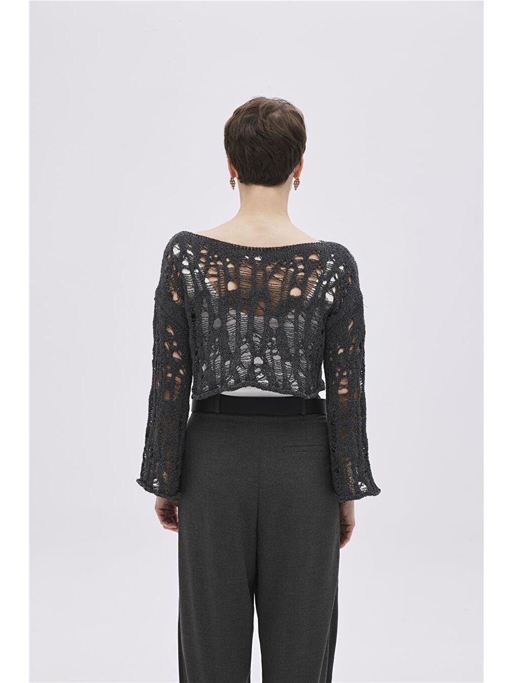 Antrasit Sökük Detaylı Triko Crop-4