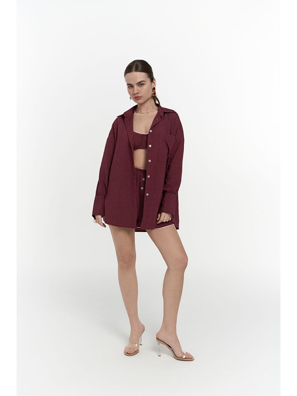 Leda Dantel Detay Şortlu Bordo Üçlü Takım-2