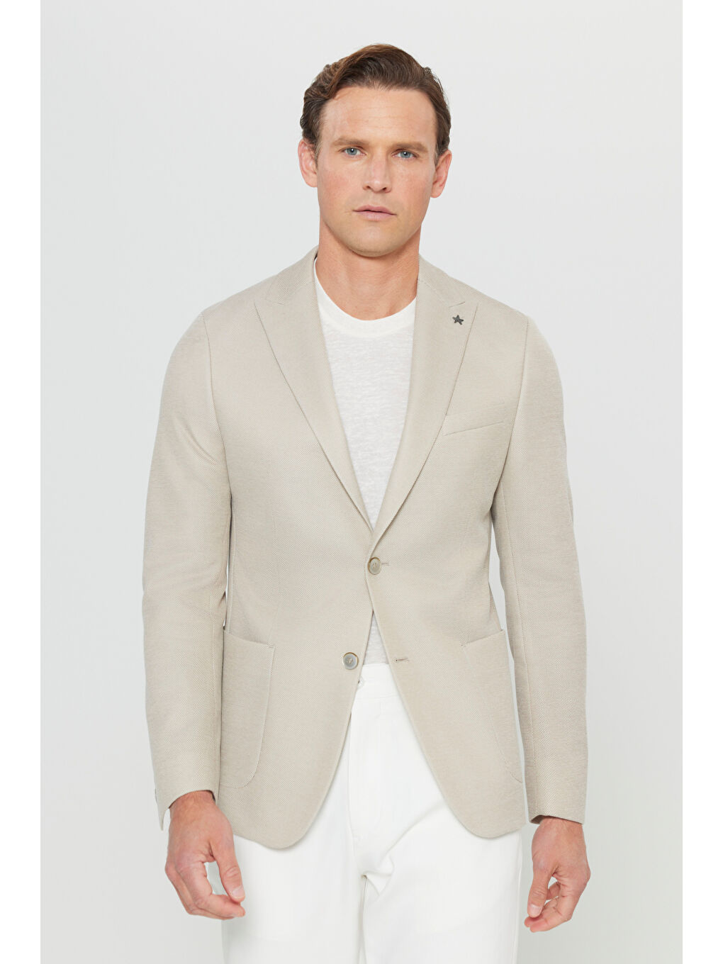 Erkek Bej 360 Her Yöne Esneyen Pamuklu Slim Fit Kırlangıç Yaka Armürlü Blazer Ceket-4