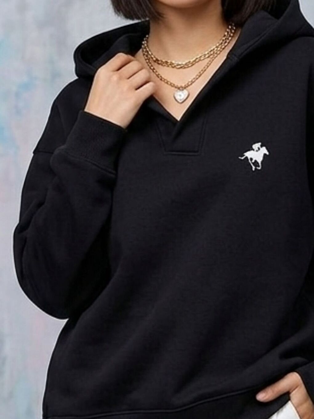 Siyah Horse Baskılı Relax Patlı Yaka Detay Oversize Kapüşonlu Sweatshirt-1