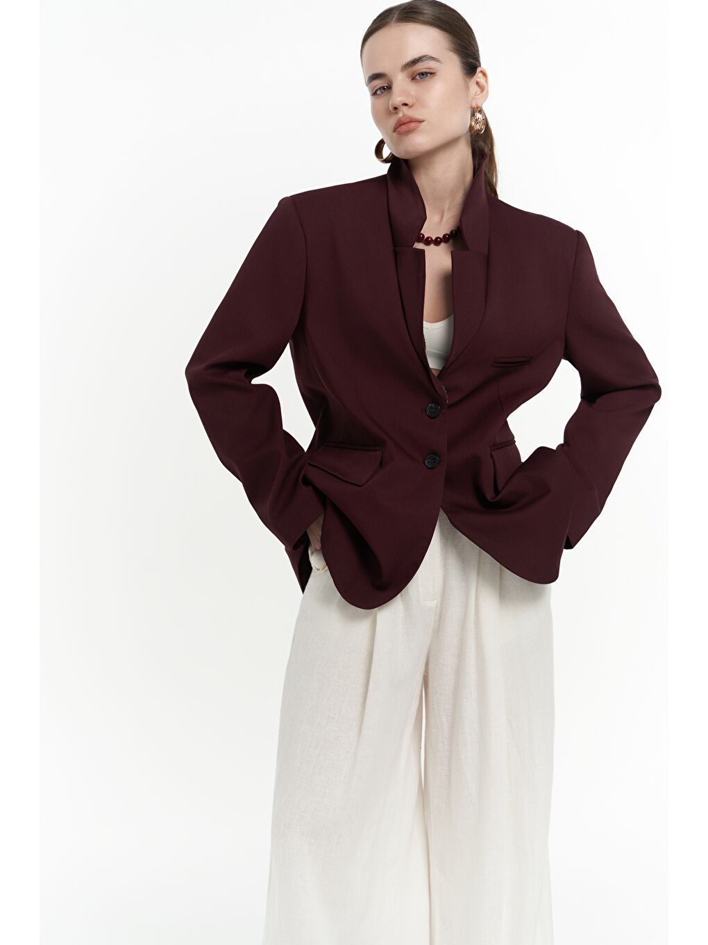 Volda Yaka Detay Bordo Blazer-1