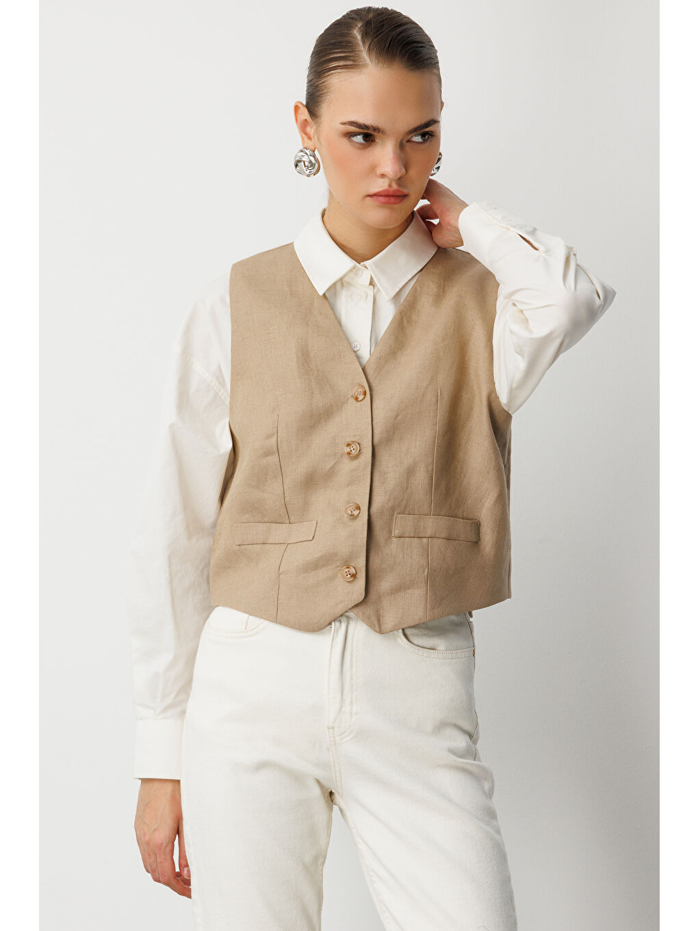 Bej Rengi Saf Keten Yelek-4