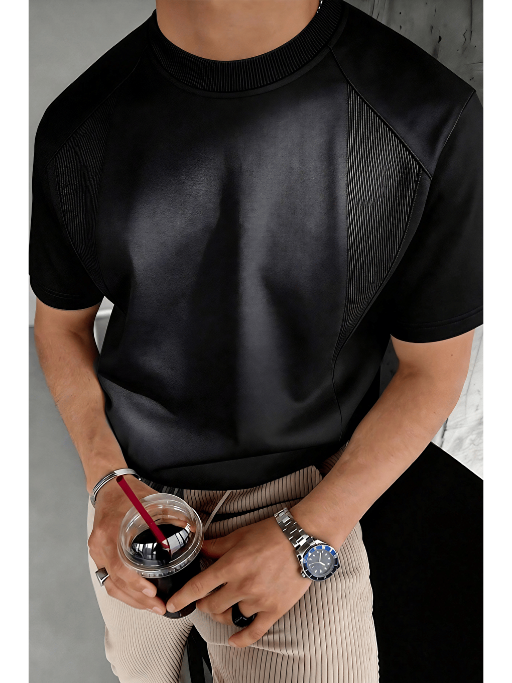 Siyah Erkek Tişört Basic Bisiklet Yaka Tişört Rahat Kesim Dökümlü Günlük Spor Tshirt