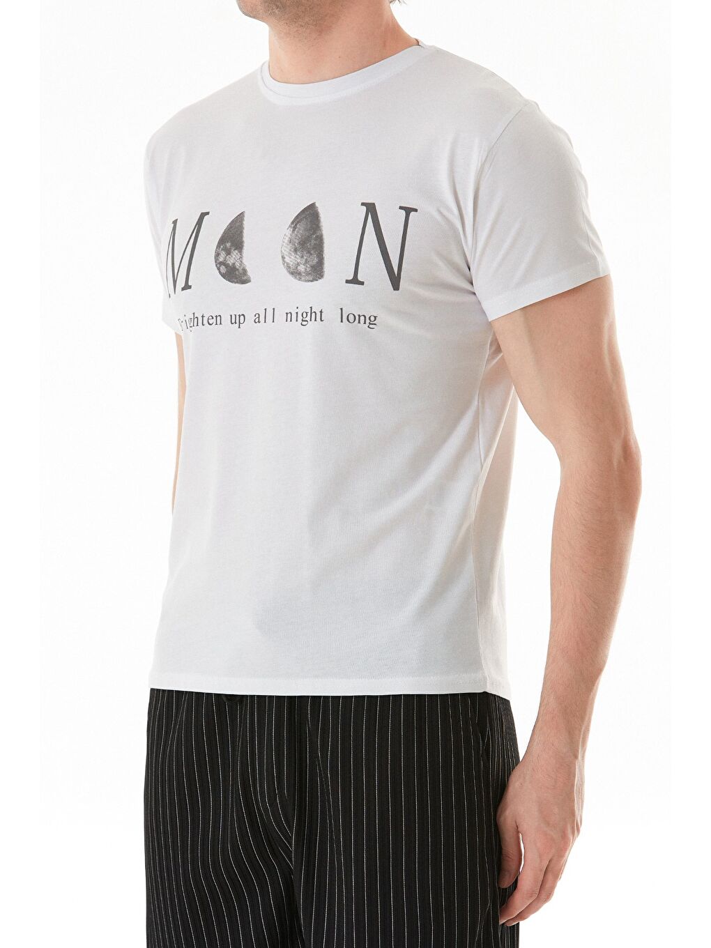 Beyaz Moon Yazı Ve Ay Baskılı Bisiklet Yaka Tişört-4