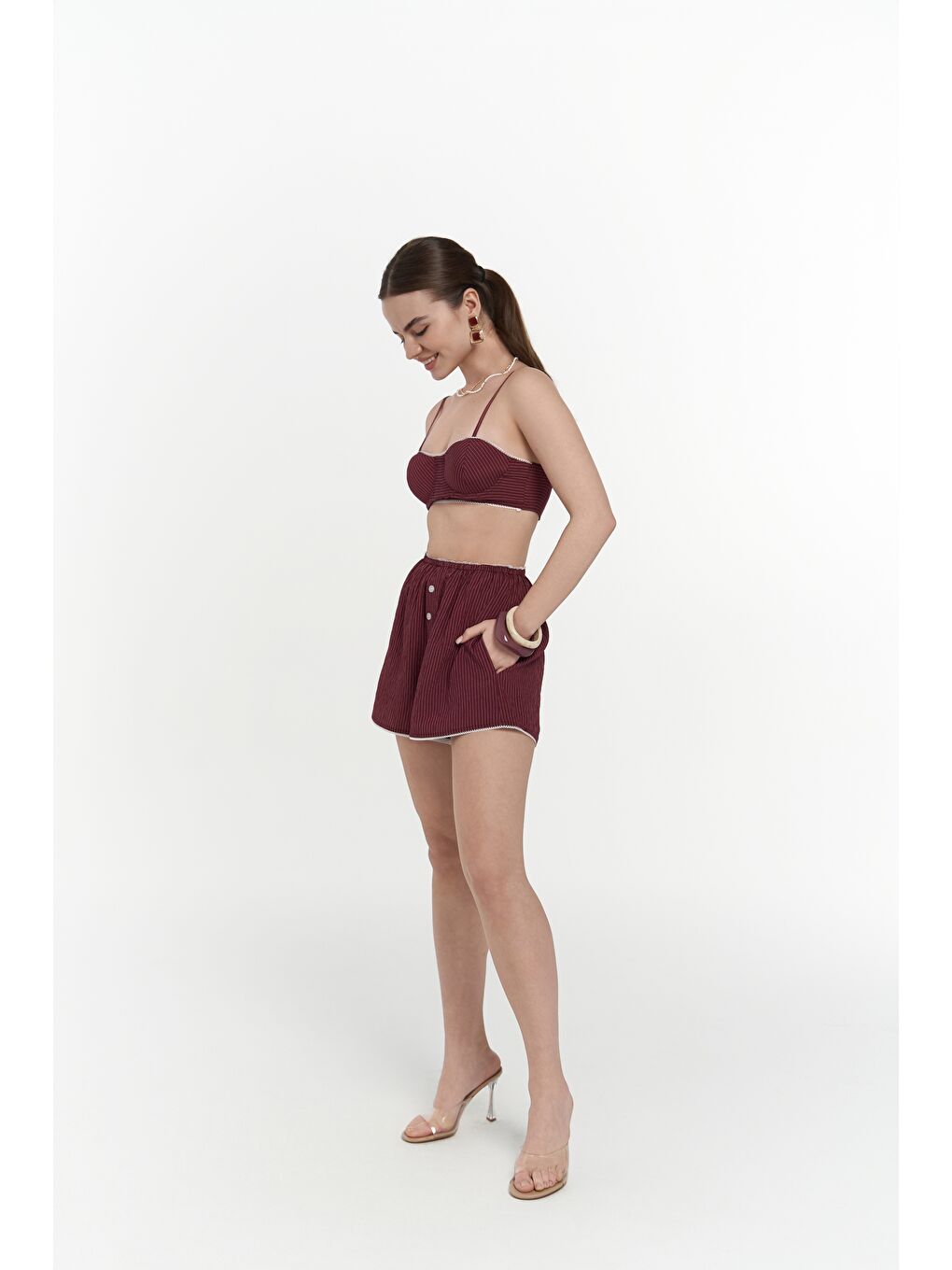 Leda Dantel Detay Şortlu Bordo Üçlü Takım-5