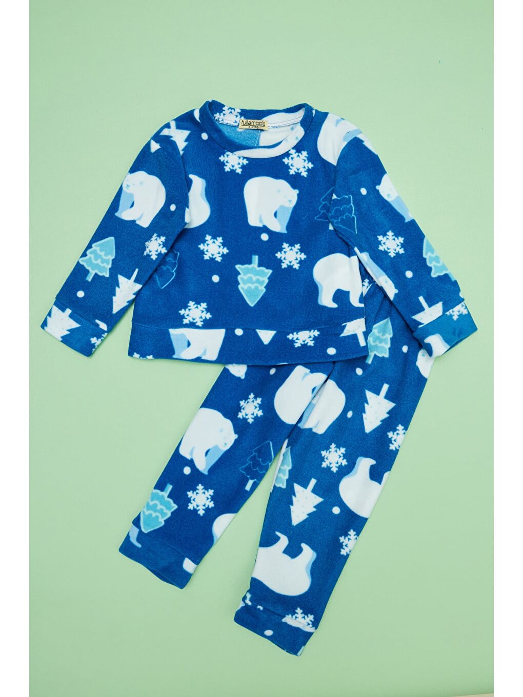 Mavi Kutup Ayısı Desenli Polar Unisex Çocuk Pijama Takımı