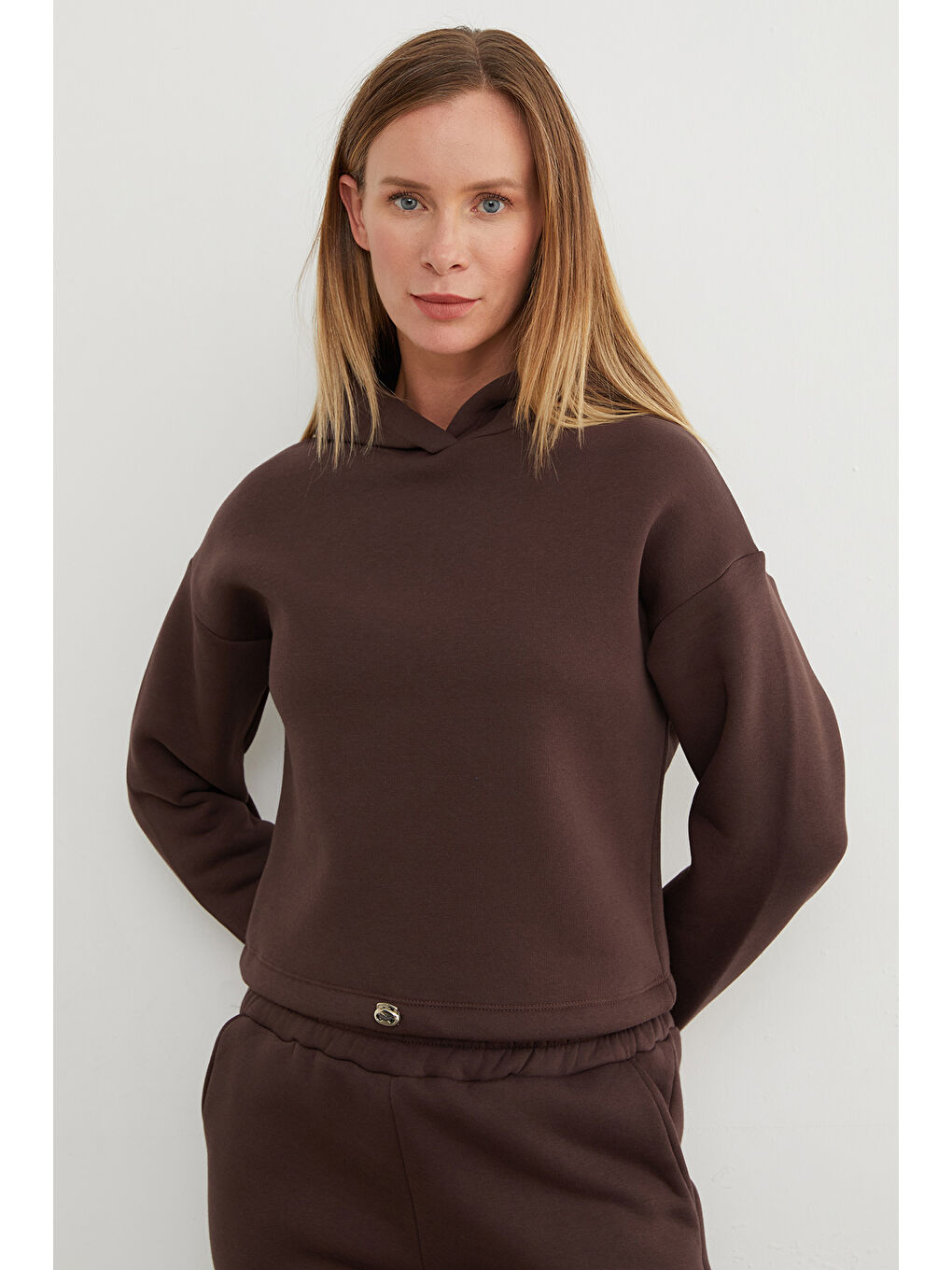 Kahverengi 3 İplik Basic Beli Stoperli Kapüşonlu Jogger Takım-1