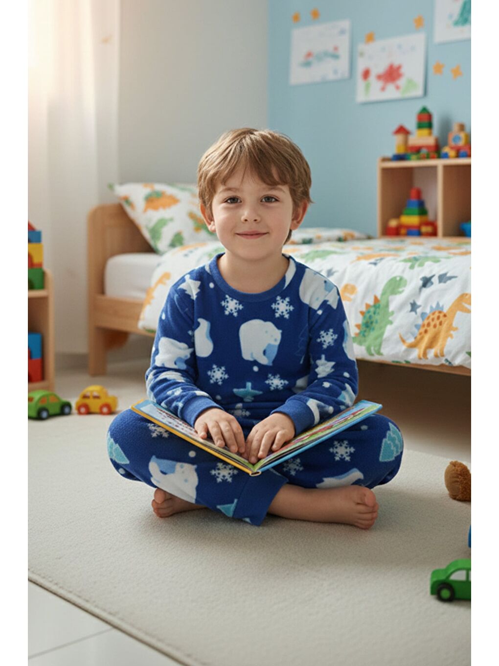 Mavi Kutup Ayısı Desenli Polar Unisex Çocuk Pijama Takımı-1