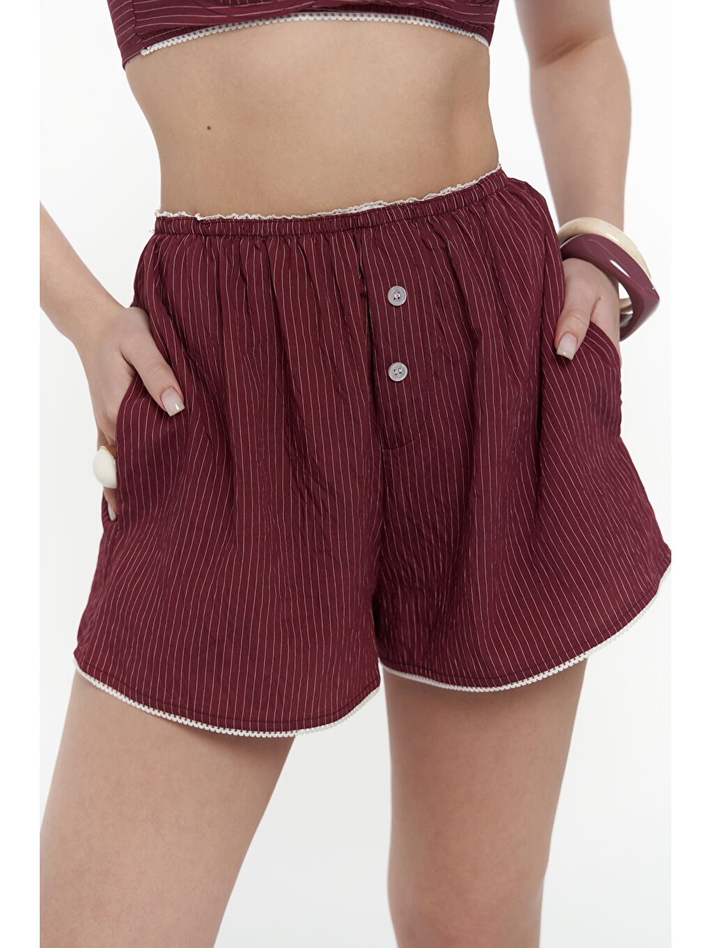 Leda Dantel Detay Şortlu Bordo Üçlü Takım-7