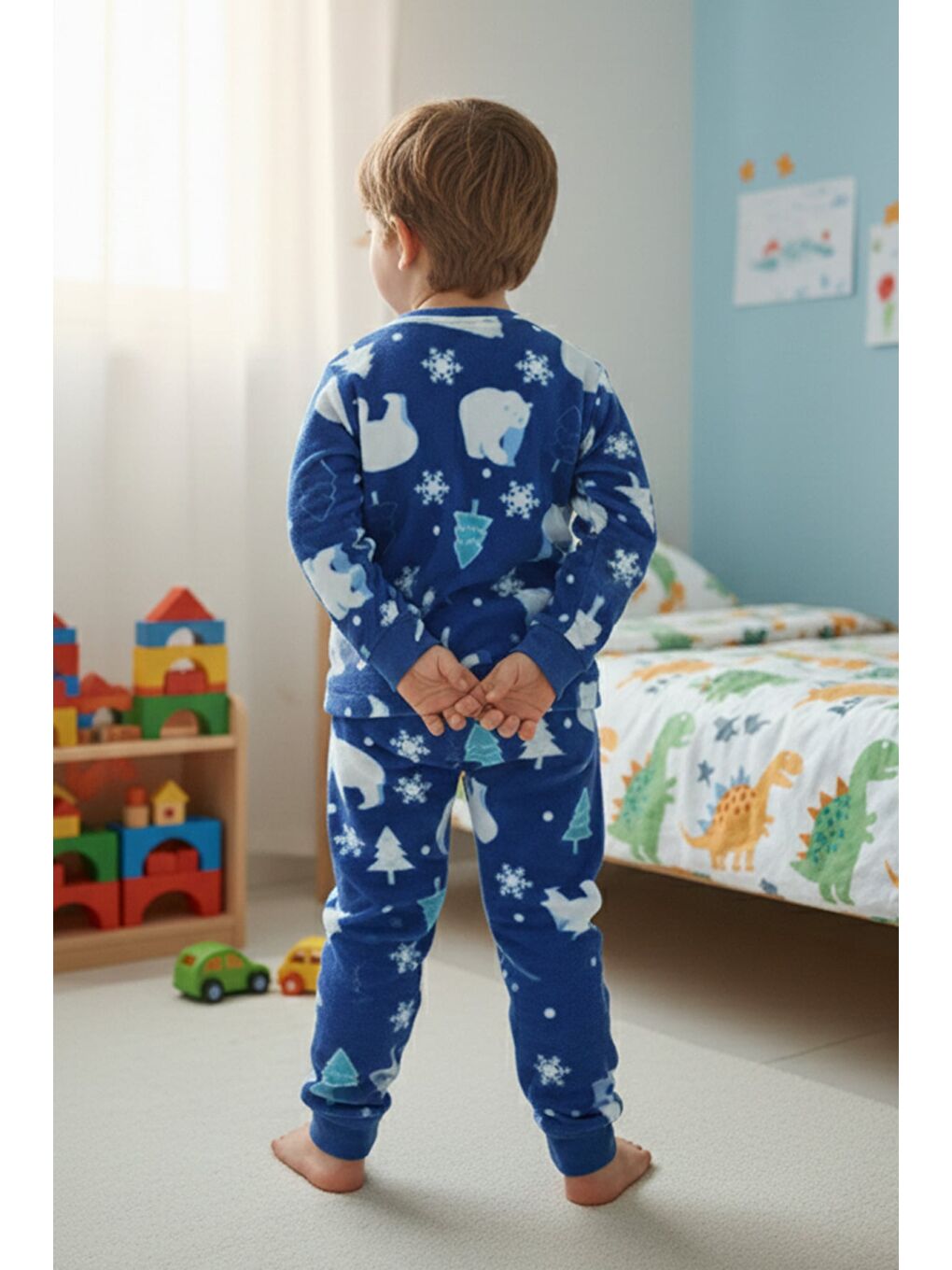Mavi Kutup Ayısı Desenli Polar Unisex Çocuk Pijama Takımı-2