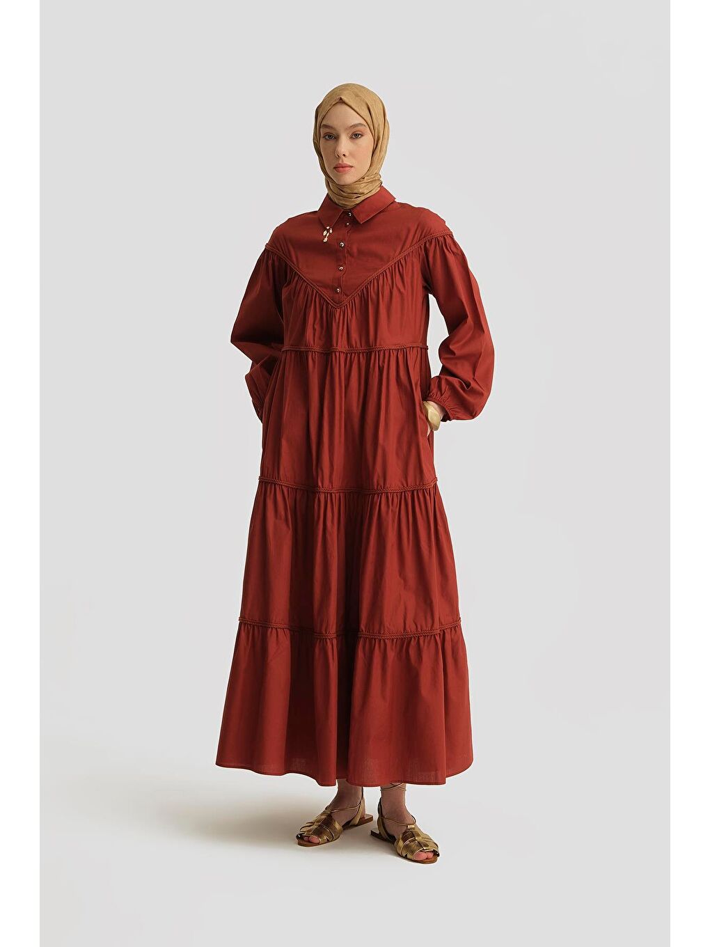 Katlı Elbise 25Y9003 Koyu Kırmızı