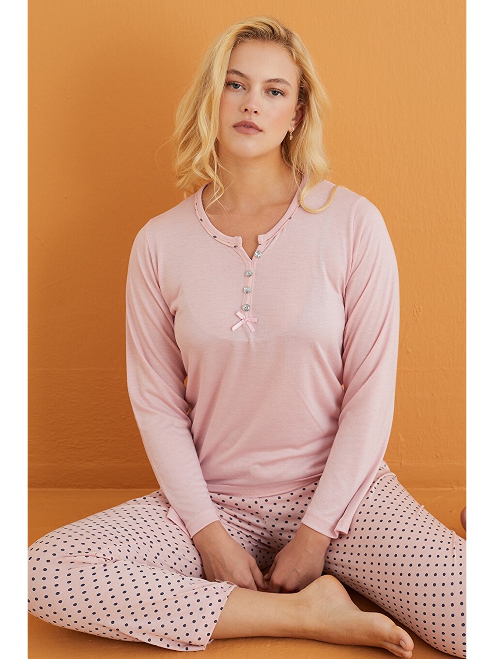 Pembe Düğmeli Cepli Örme Pijama Takım