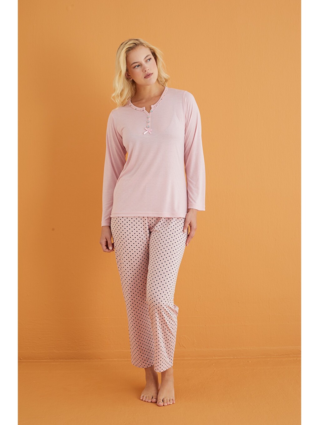 Pembe Düğmeli Cepli Örme Pijama Takım-1