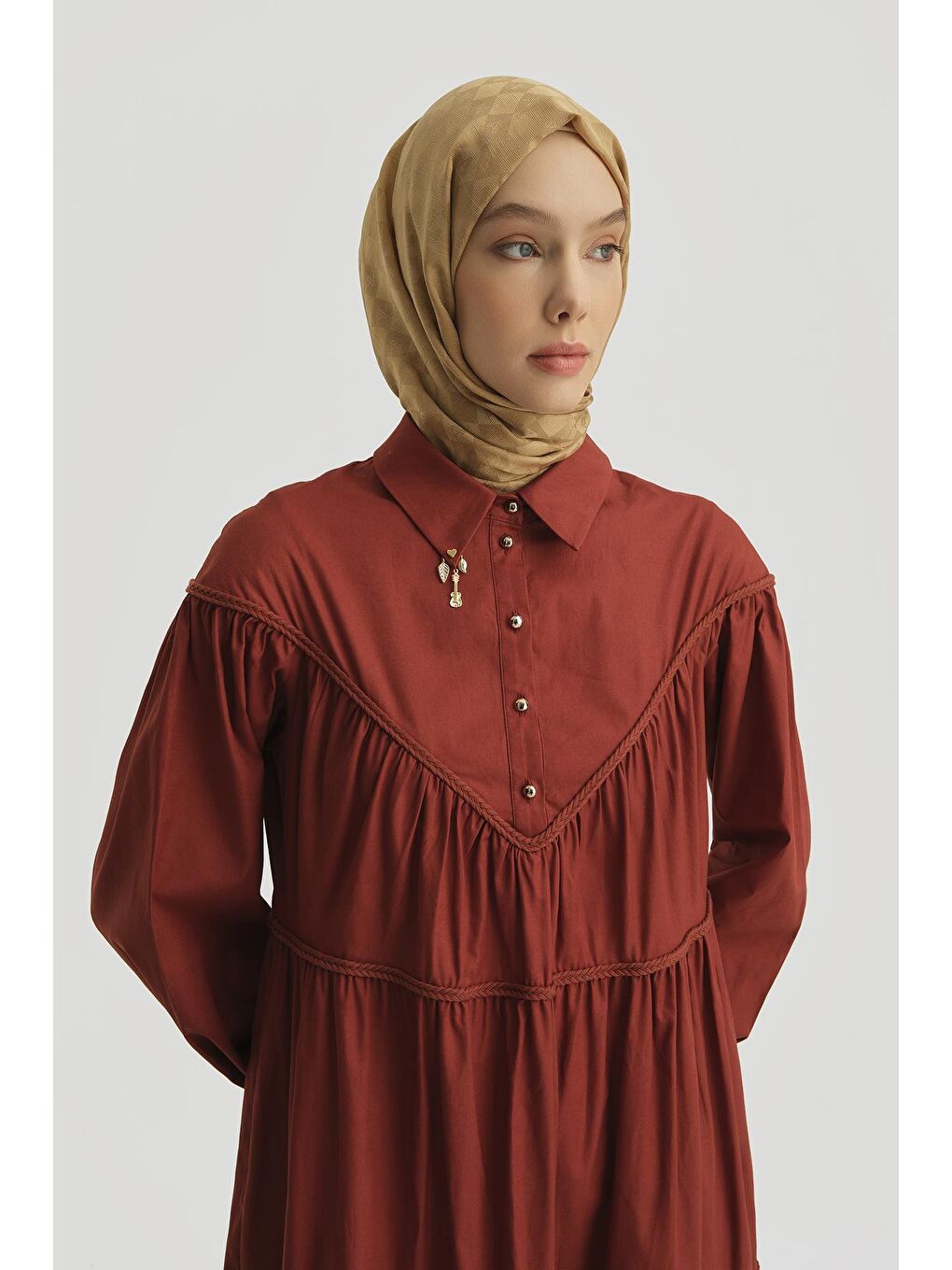 Katlı Elbise 25Y9003 Koyu Kırmızı-3