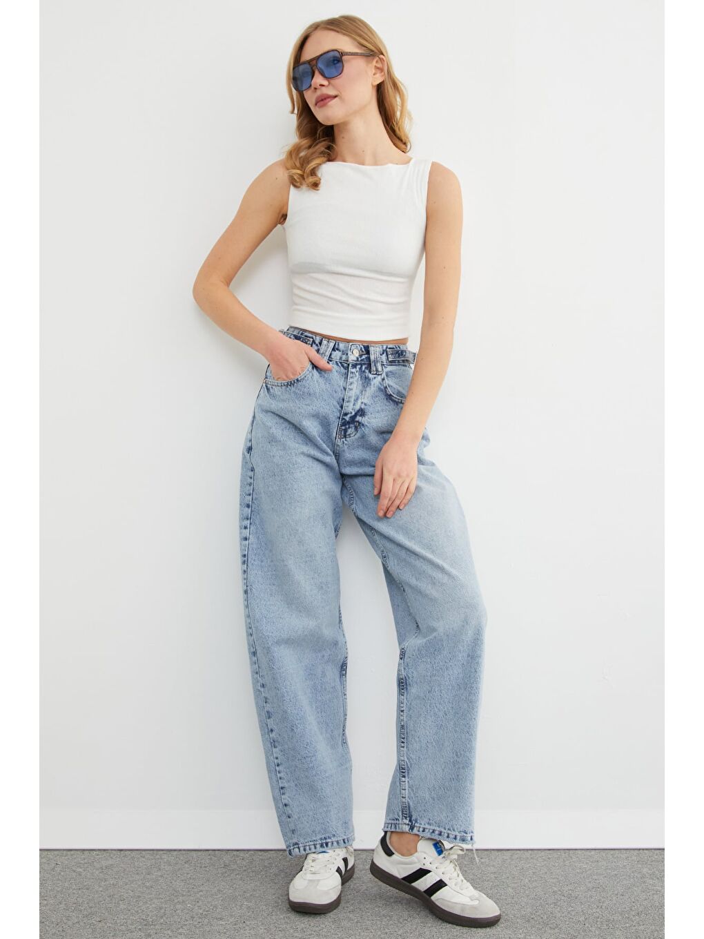 Mavi Beli Kemerli Fermuarlı Baggy Jean-2