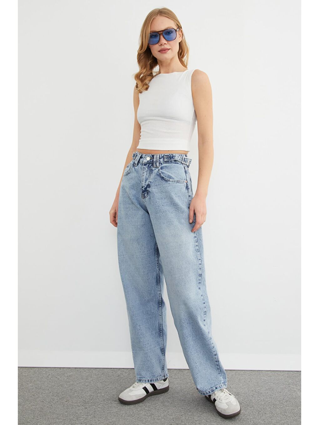 Mavi Beli Kemerli Fermuarlı Baggy Jean-3