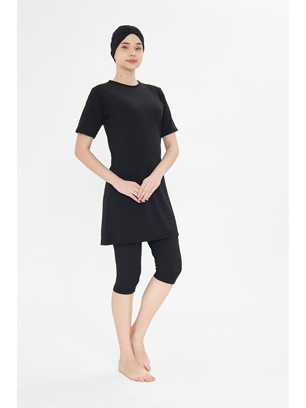 Kısa Kollu Elastanlı Yarı Kapalı Tesettür Mayo Siyah 3484-S-3