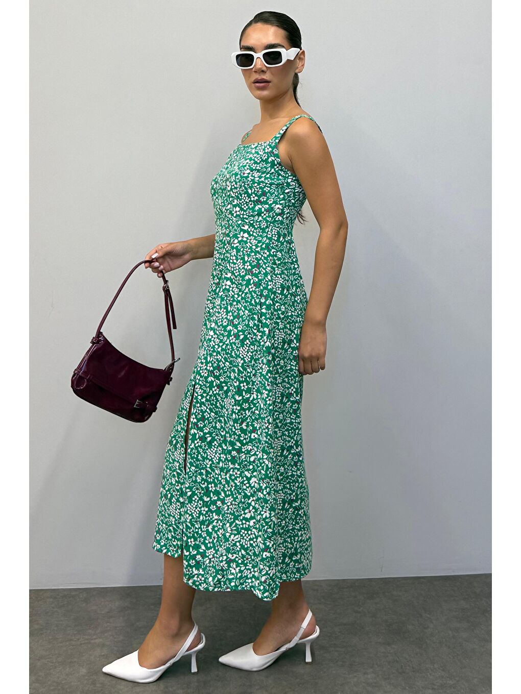 Yeşil Desenli Yırtmaçlı Uzun Elbise Mg1868-1