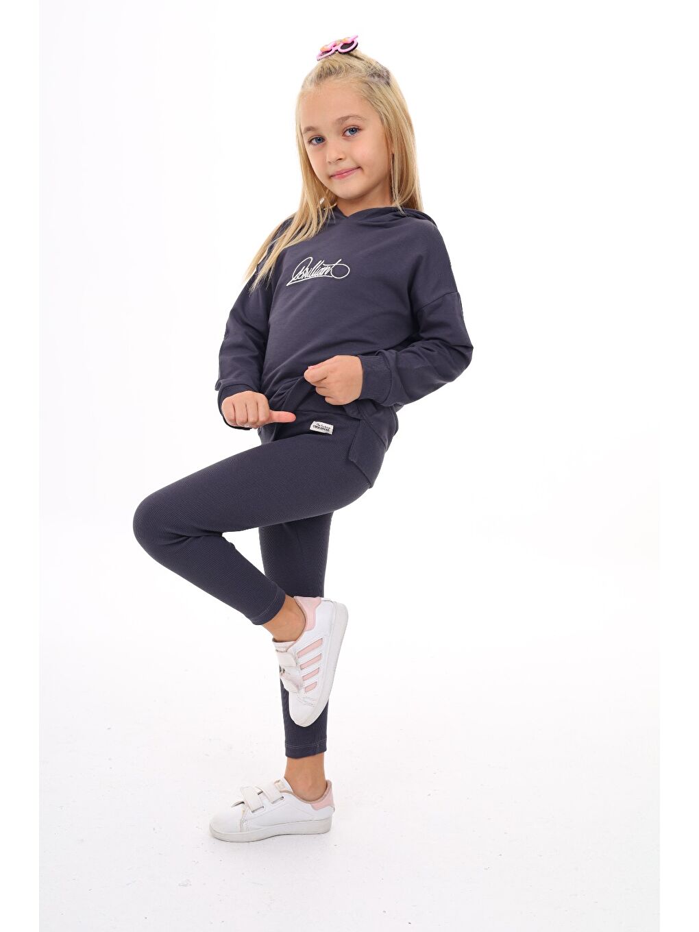 Antrasit Kız Çocuk Nakışlı Taytlı Takım-1