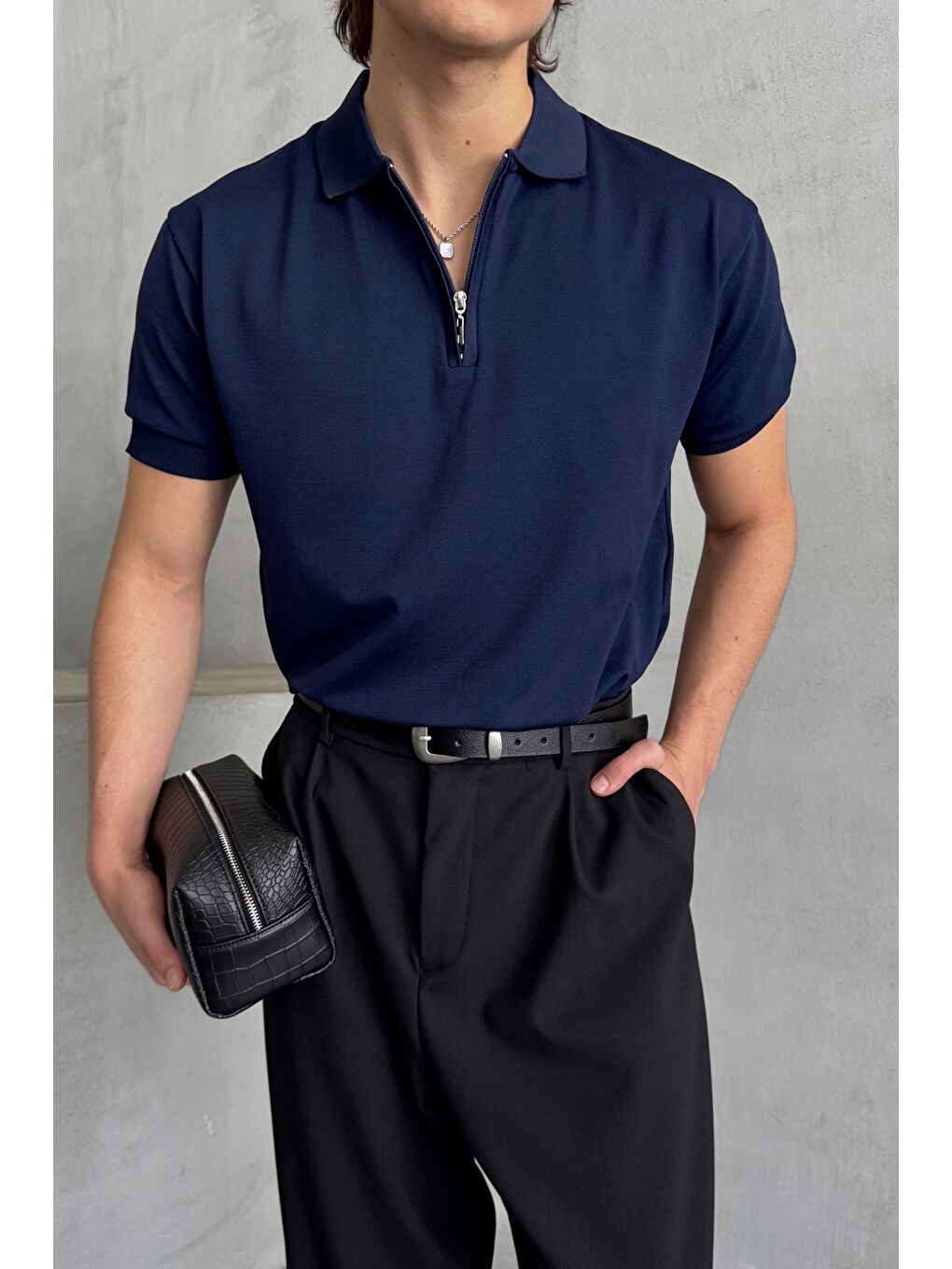 Lacivert Erkek Oversize Fermuarlı Polo Yaka Triko T-Shirt