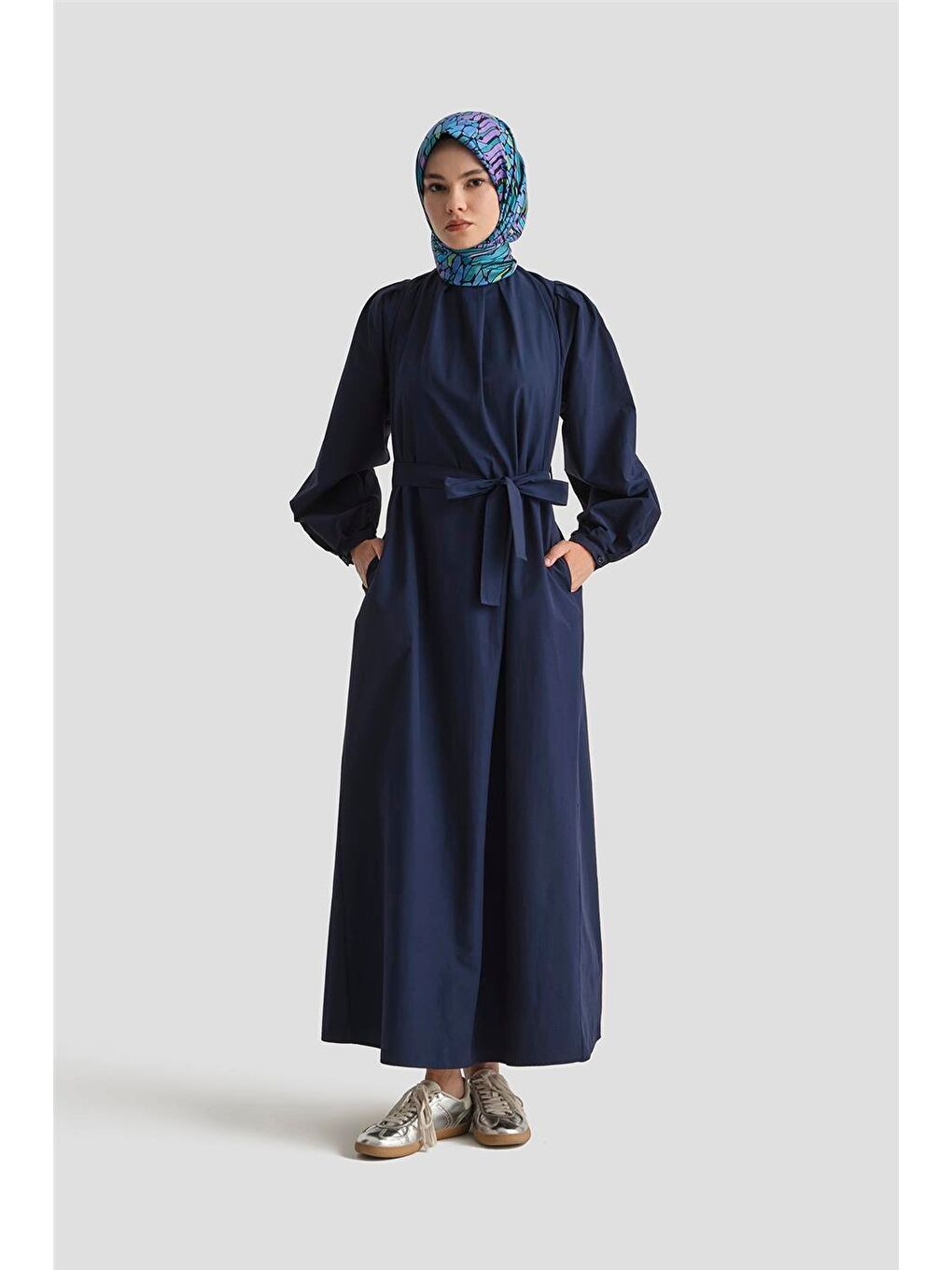 Pile Detaylı Pamuk Elbise 25Y9024 Lacivert