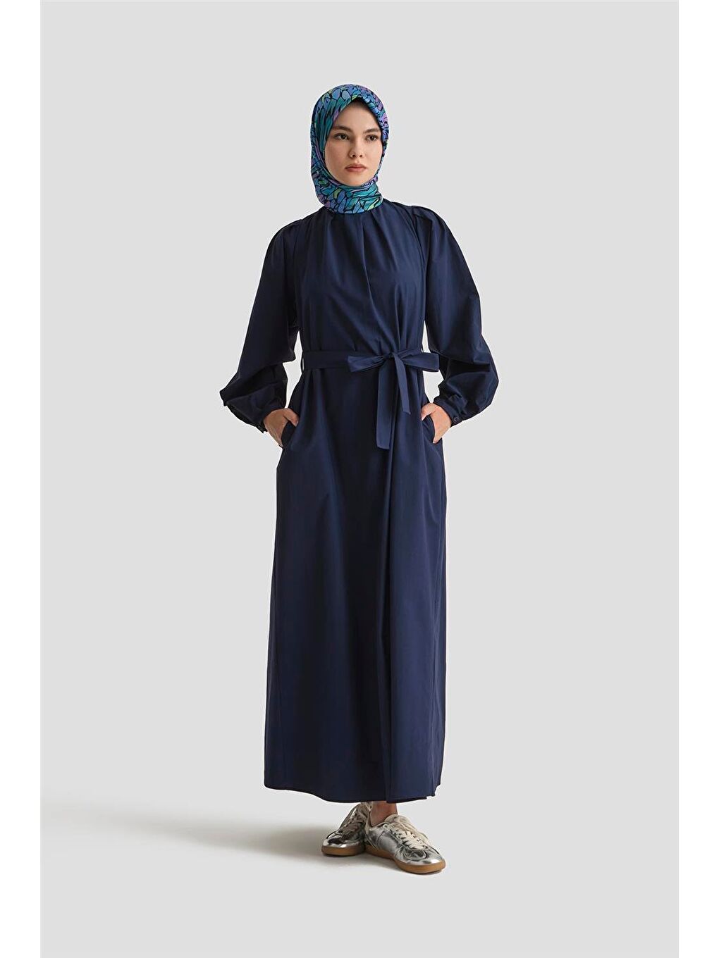 Pile Detaylı Pamuk Elbise 25Y9024 Lacivert-1